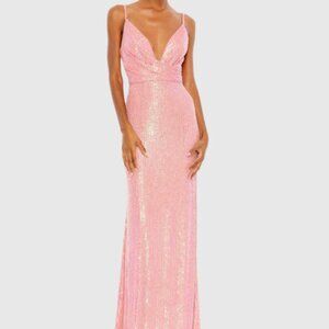 Ieena for Mac Duggal Pink Sequined Draped V Neck Gown